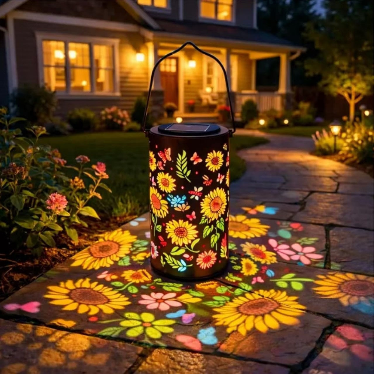 Solar Projection Lantern Mit Sonnenblumen Floral Metallzylinder Und Hängendem Griff Brehn