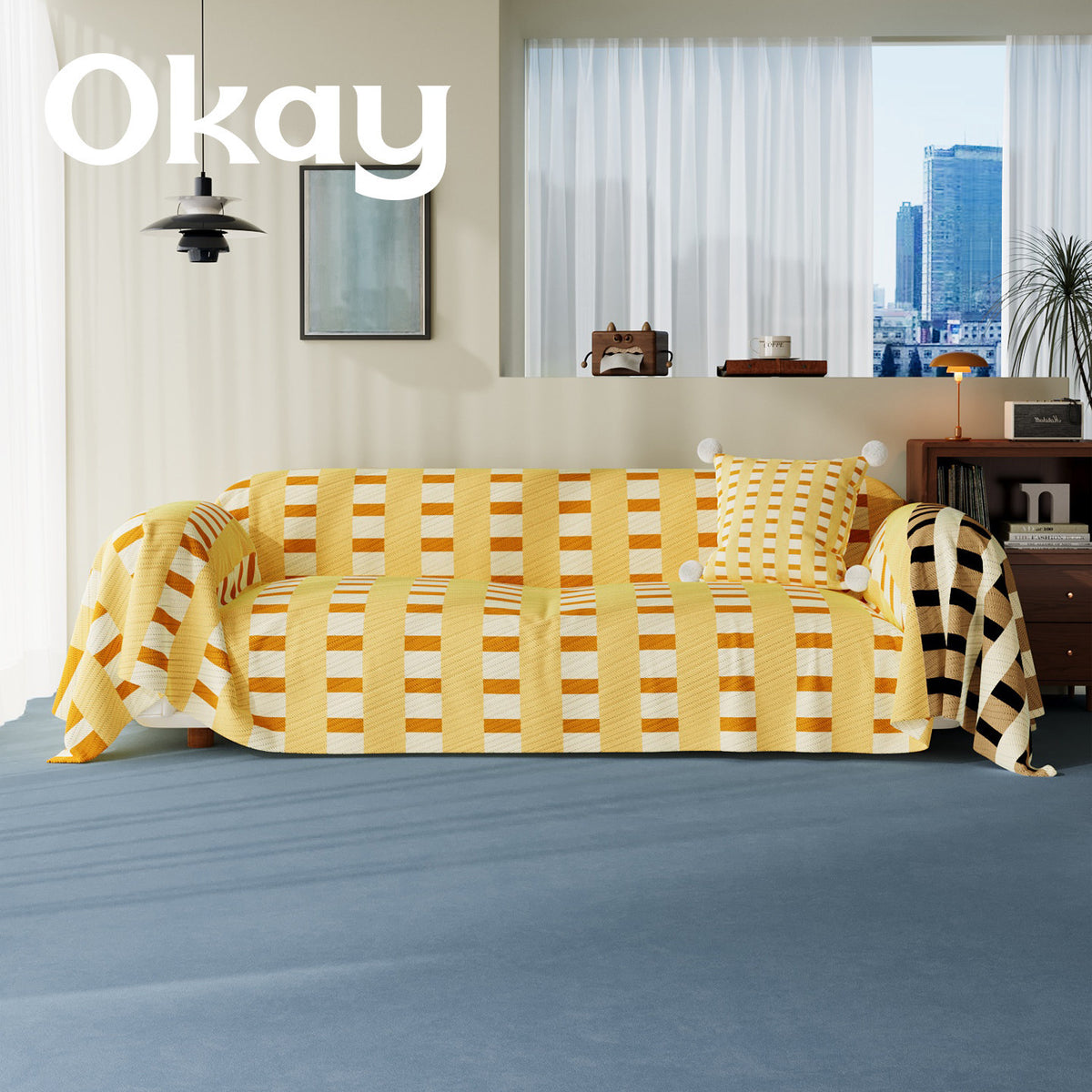 Stretch-Fit Quilted Sofa Slipcover with Pom-Pom Accent Pillowcase