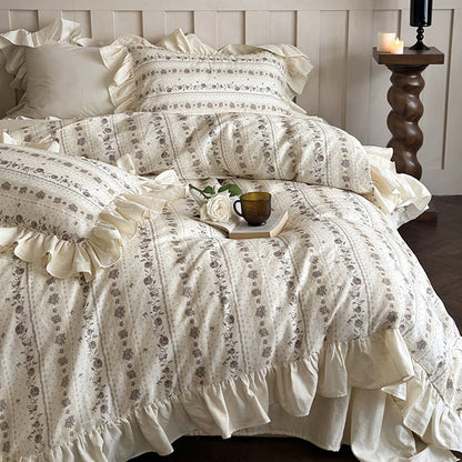 Bettwäsche-Set aus Baumwolle mit Volants und Vintage-Blumenmuster