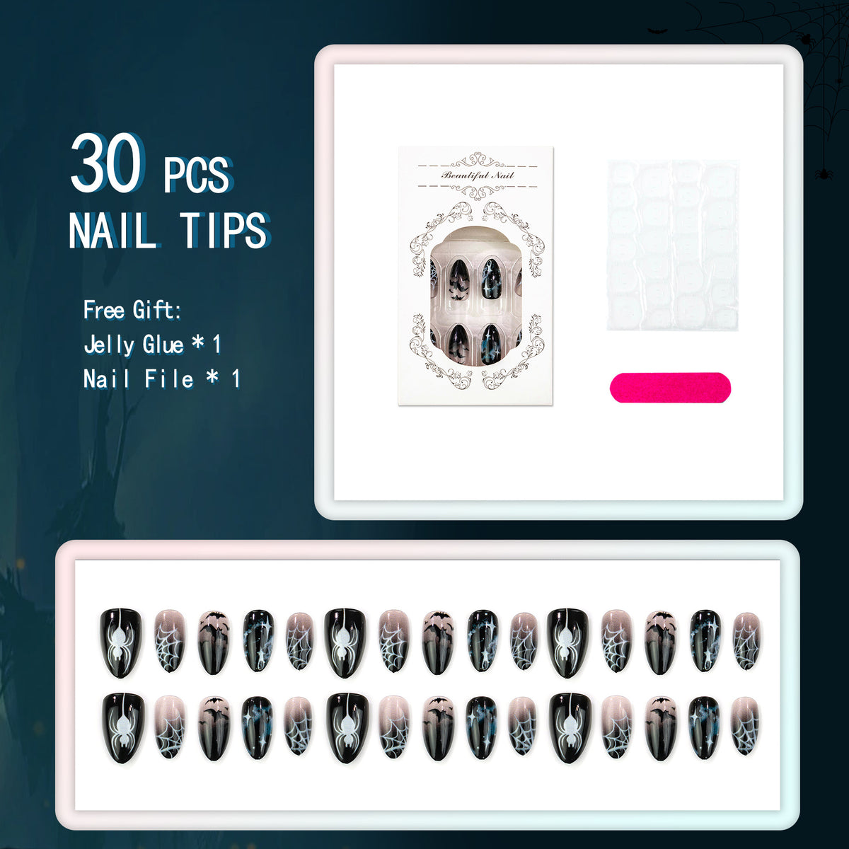 Halloween-Themen Spider und Fledermaus Press-On Nagelset