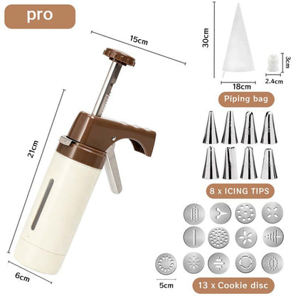 Professional Multi-Function Cookie Press and Icing Gun Set with Thirteen Cookie Discs and Eight Piping Tips