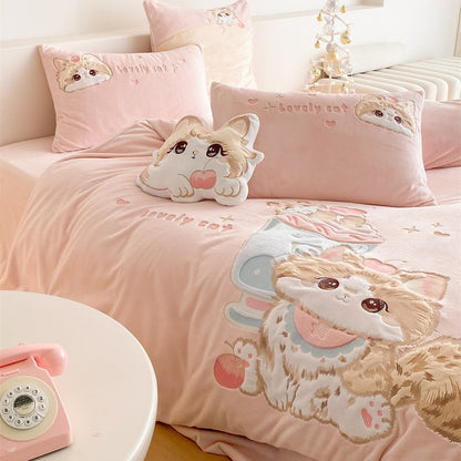 Plüsch Bestickte Cartoon Katze Bettwäsche Set mit Dekokissen und Plüschkissen