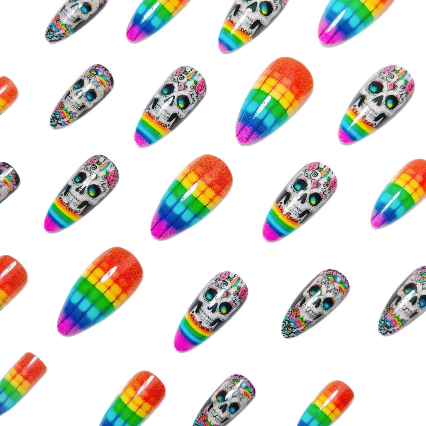 Kreative Kunstnägel mit Totenkopf-Design und Regenbogenfarben Brehn