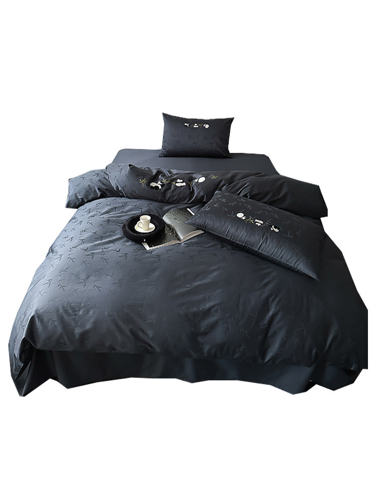 Fein gewebtes Baumwollsatin-Bettwäsche-Set mit Panda-Stickerei und Bambus-Jacquard