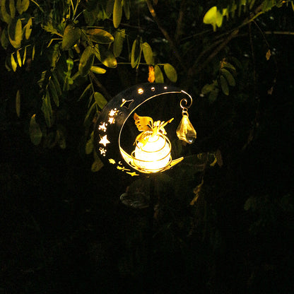 Crescent Moon Solar Gartensteckerlicht mit rotierender Crackle-Glas-Globus und Schmetterlingsakzent Brehn
