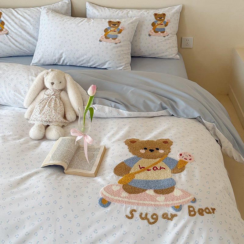 Bestickte Kinder Cartoon Bär Baumwolle Bettbezug Set mit Wendebezug und Umschlagkissenbezügen