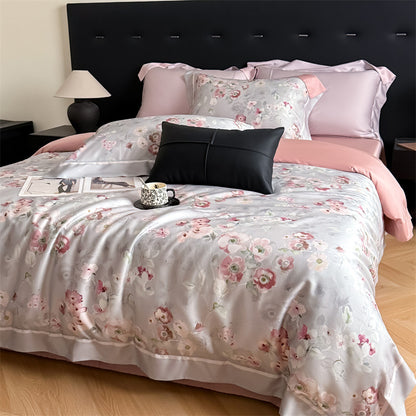 Luxuriöses Satin-Feeling Floral Bettwäsche-Set mit Bettdeckenbezug, Kissenbezügen und dekorativen Shams