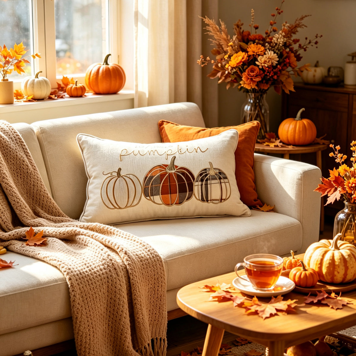 Besticktes Herbst-Pumpkin-Dekokissen