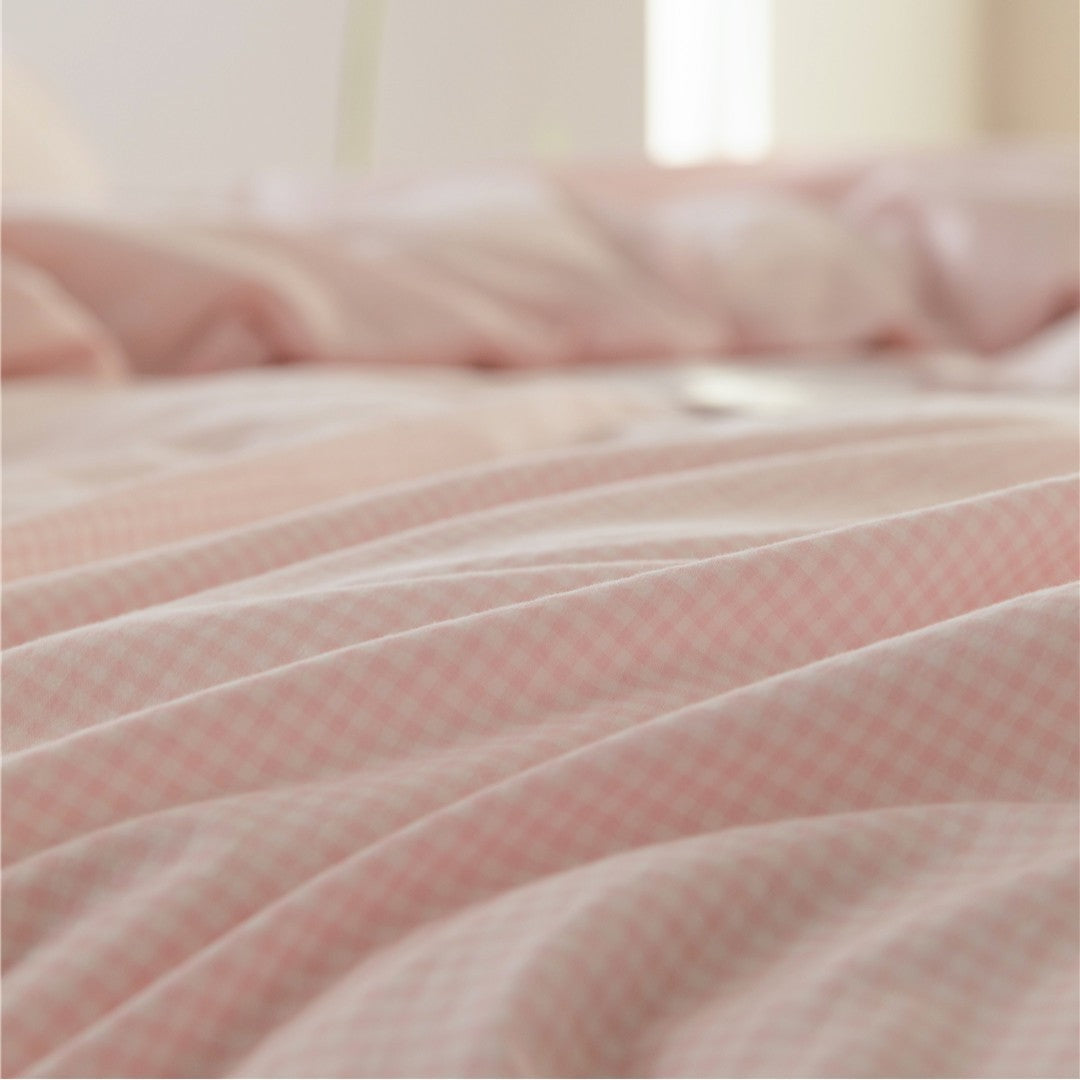 Umkehrbare Baumwoll-Satin Gingham Bettbezug Bettwäsche Set mit tiefem Laken und Umschlag-Kissenbezügen