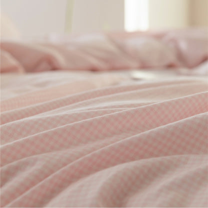 Umkehrbare Baumwoll-Satin Gingham Bettbezug Bettwäsche Set mit tiefem Laken und Umschlag-Kissenbezügen