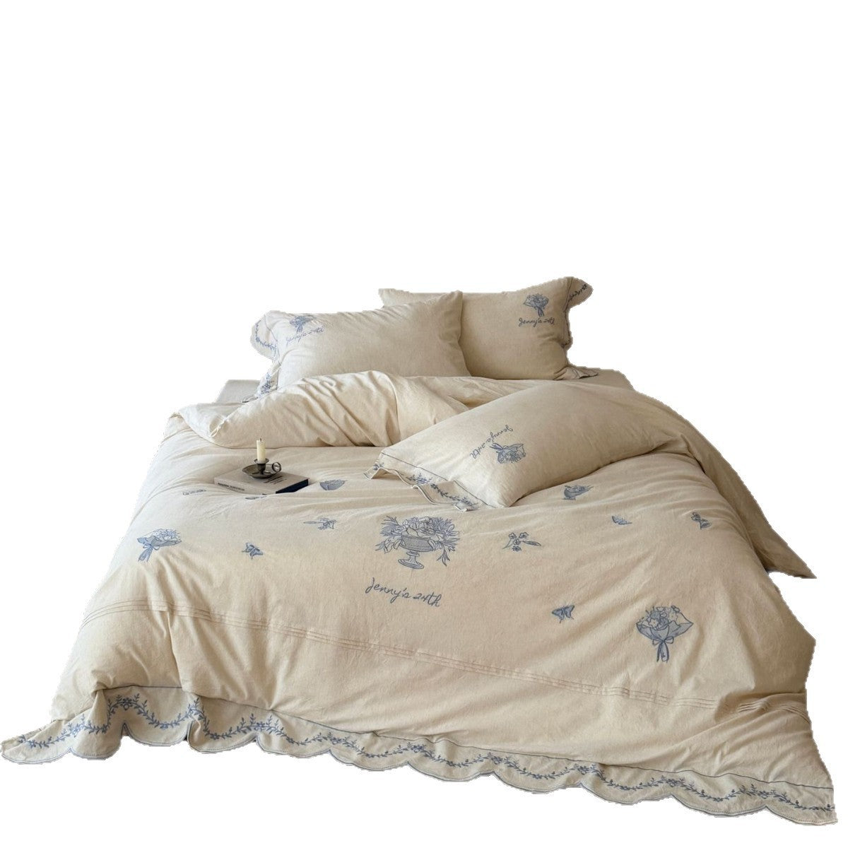Bestickte Scalloped-Edge Baumwoll-Leinen Bettbezugset