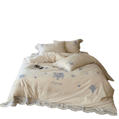 Bestickte Scalloped-Edge Baumwoll-Leinen Bettbezugset