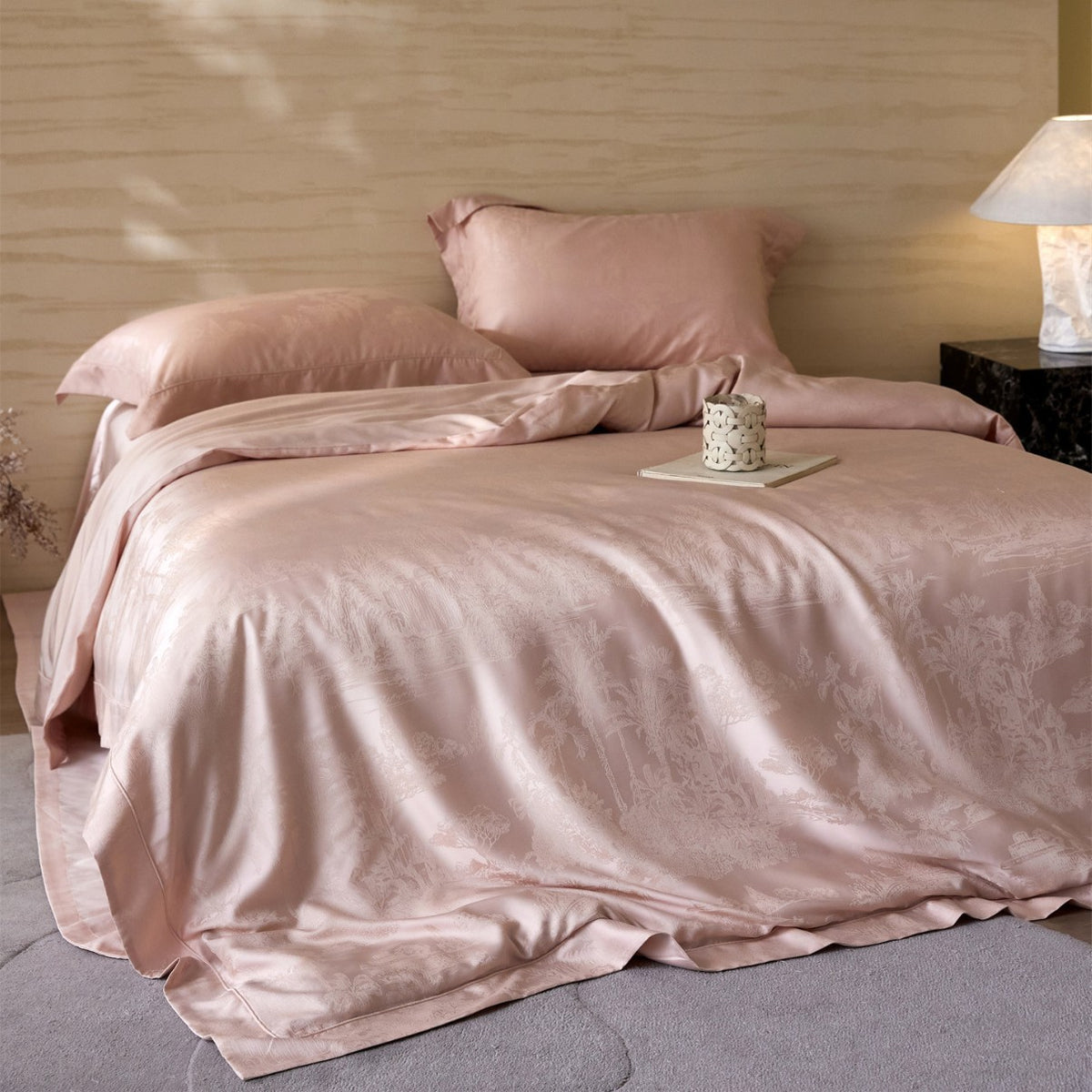 Luxus Jacquard Blattmuster Sateen Bettwäsche-Set mit verdezippertem Reißverschluss