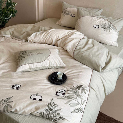 Bestickte Panda- und Botanische Baumwoll-Leinen Bettdeckenbezug Set mit Umschlag-Kissenbezüge
