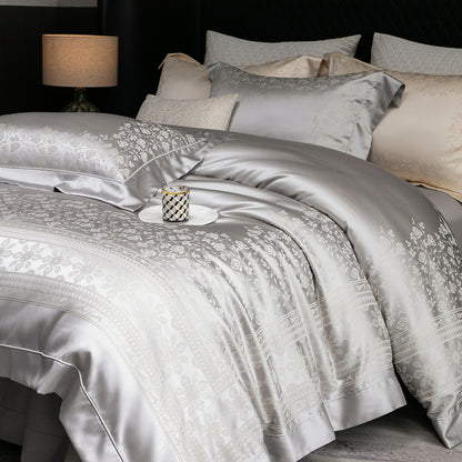 Seiden-Feel Jacquard Satin Bettbezug Set mit geprägt floralem Rand
