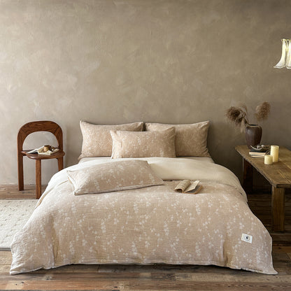 Luxuriöse Baumwoll-Leinen Bettwäschegarnitur mit leichter Steppstruktur und floralem Jacquard
