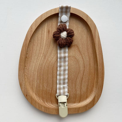 Gingham Leinen-Stil Häkelblumen Schnuller und Beißring Clip