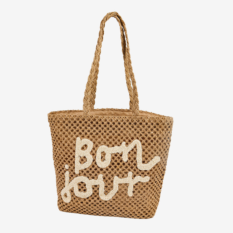 Damen Handgefertigte Strohtasche mit trendy Schriftzug Brehn