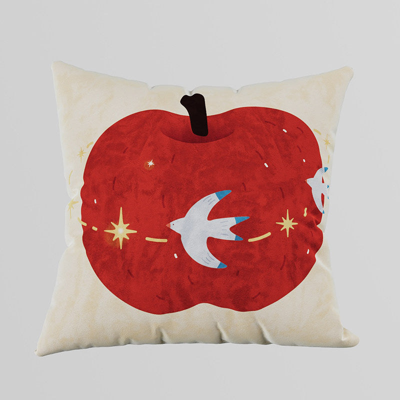 Decorative Velvet Square Throw Pillow with Illustrated Apple & Swallow Motif