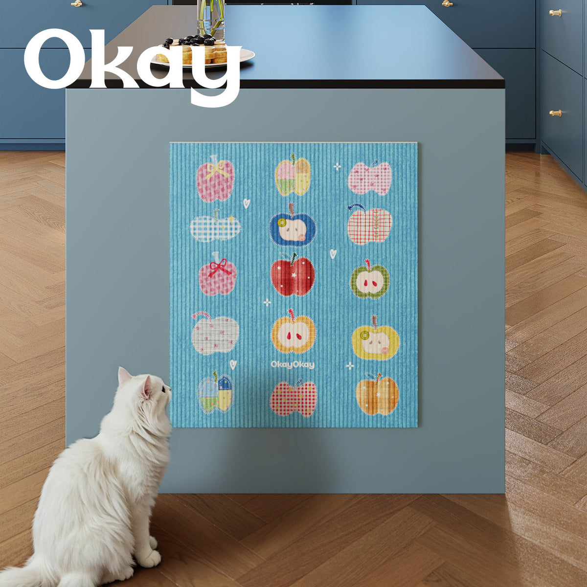Absorbent Ribbed Microfiber Multi-Purpose Kitchen & Pet Mat with Playful Apple Patchwork Print
