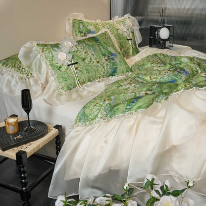 Rüschend Floral Chiffon-Besatz Bettbezug und Kissenbezug Set