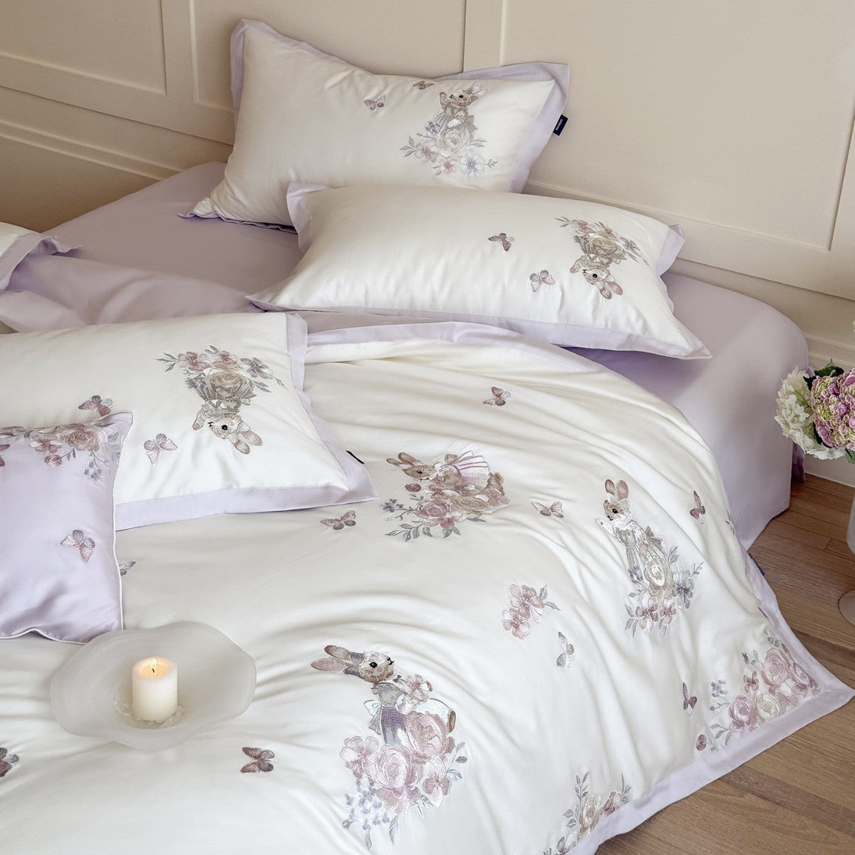 Luxus Baumwollsatin Bestickte Botanische Kaninchen Bettbezugset