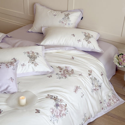 Luxus Baumwollsatin Bestickte Botanische Kaninchen Bettbezugset