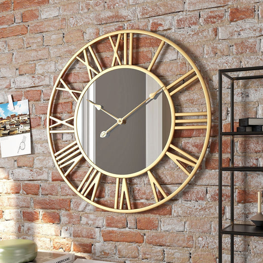 Metall Vintage Große Wanduhr mit Spiegel 39cm