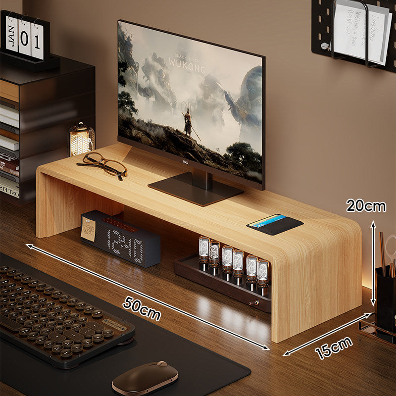 Niedrigprofilierte gebogene Desktop-Monitor-Plattform mit integriertem Unterregal-Organizer und ambienter Hintergrundbeleuchtung