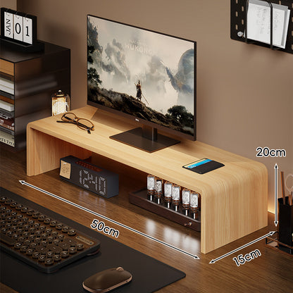 Niedrigprofilierte gebogene Desktop-Monitor-Plattform mit integriertem Unterregal-Organizer und ambienter Hintergrundbeleuchtung