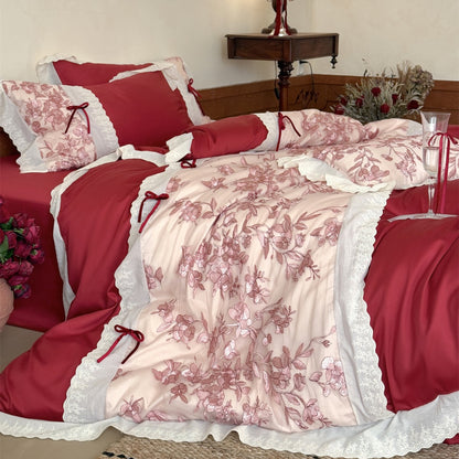 Baumwoll-Satin Bestickte Floral-Spitzenrand Bettwäsche Set