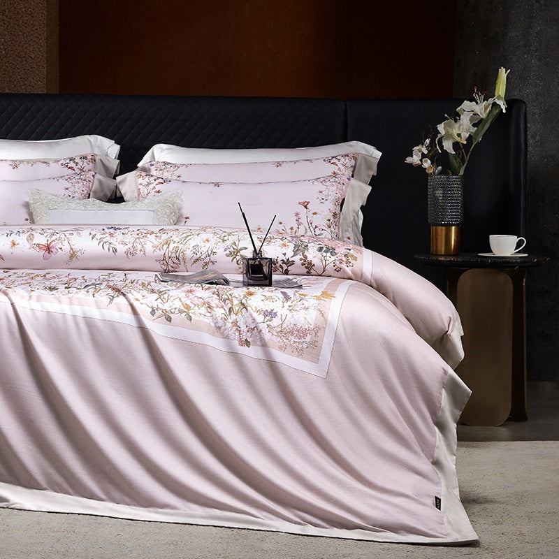Luxe Satin-Feel Floral Mittel-Panel Bettbezug Set mit Gerolltem Bolster & Euro Kissenbezügen