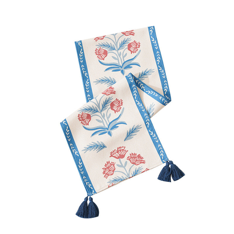 Leinen-Tischläufer im Vintage-Floralprint mit dekorativen Quasten Brehn