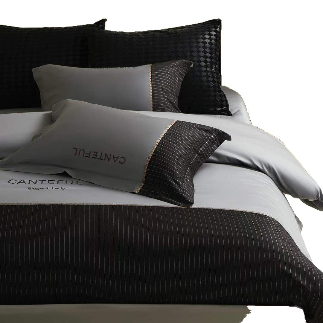 Luxuriöses Satin-Feel Wendebettbezug- und Kissenbezug-Ensemble mit Streifenbettdecke