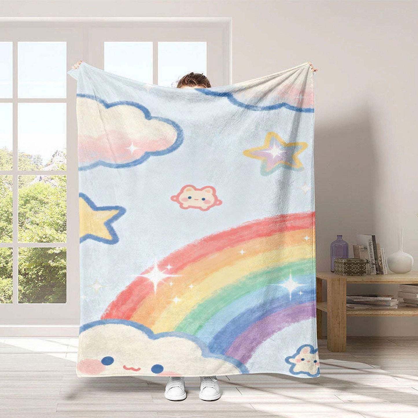 Gemütliche Regenbogen-Thema Fleece-Wurfdecke