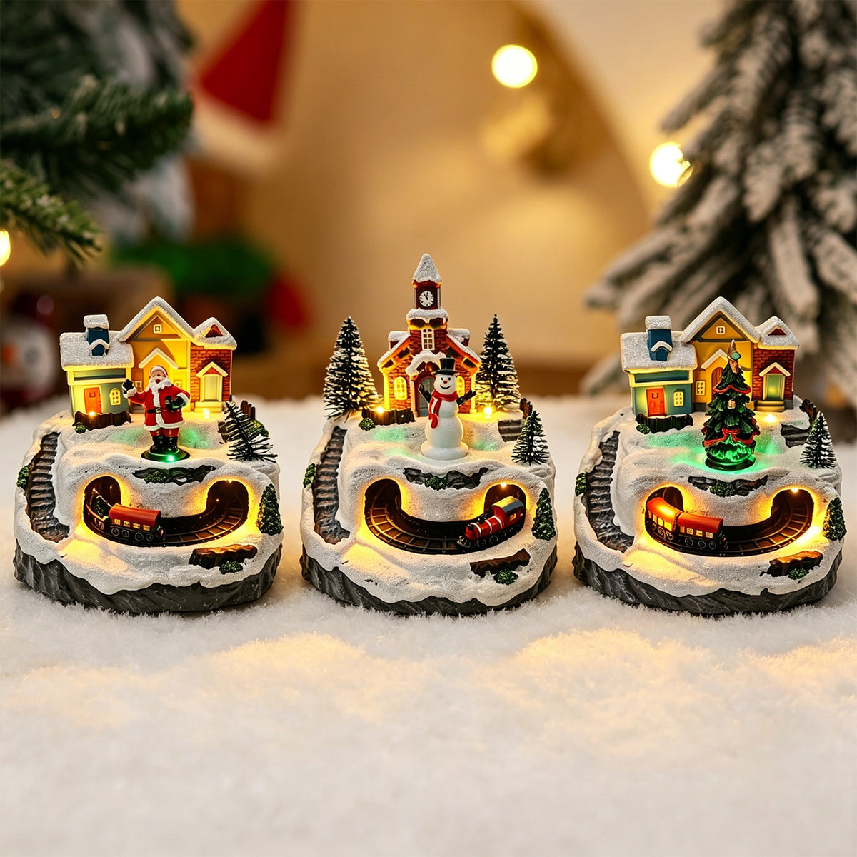 Bewegliches Weihnachtsdorf mit Lichtern und Schneemann Brehn