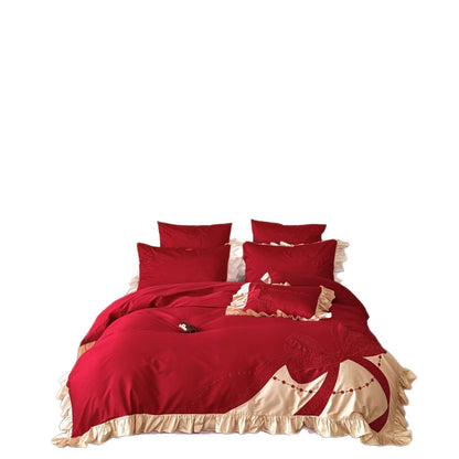 Premium Satin-Bettgarnitur mit Volant-Rüsche und applizierter Schleifen-Stickerei Brehn
