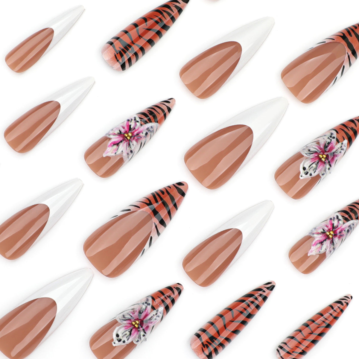 Kunstvolle Stiletto-Nägel mit floralem und tierischem Design Brehn