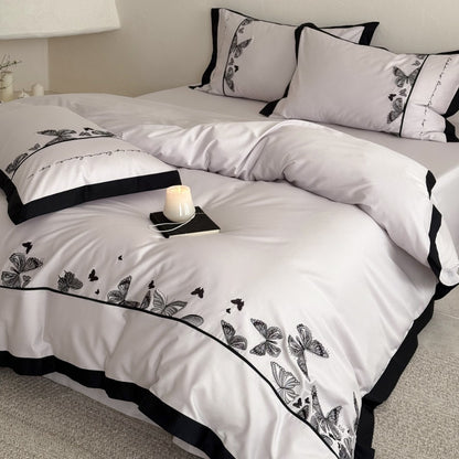 Botanische Schmetterling Bestickte Baumwollsatin Wendebettwäsche Set mit kontrastfarbigem Paspelrand und Euro-Kissenbezügen