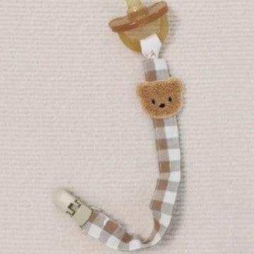 Vichykaro Baumwollberuhigungssauger- und Beißringclip mit gesticktem Bärenapplikation