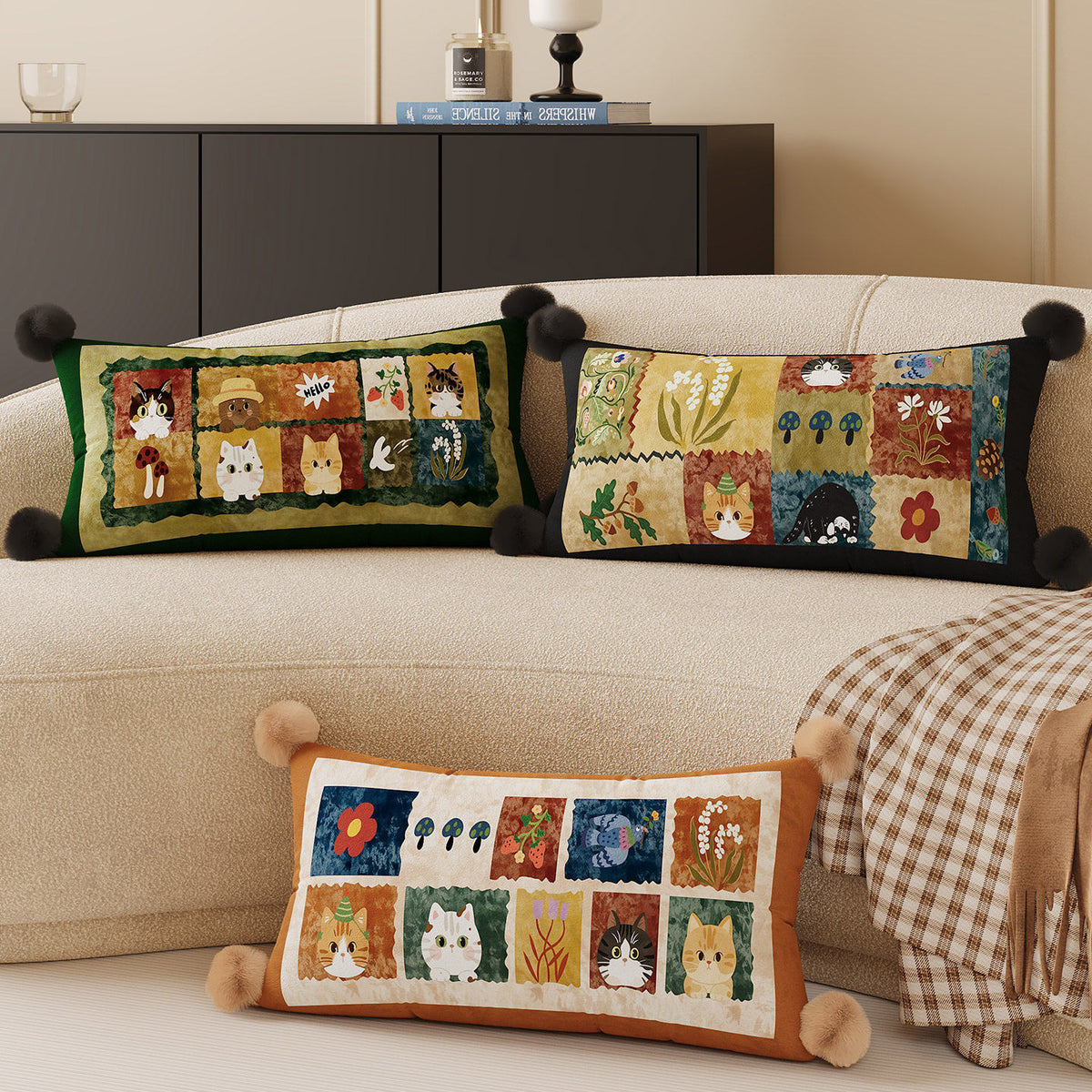 Decorative Rectangular Throw Pillow with Pom-Pom Corners and Patchwork Cat Illustration