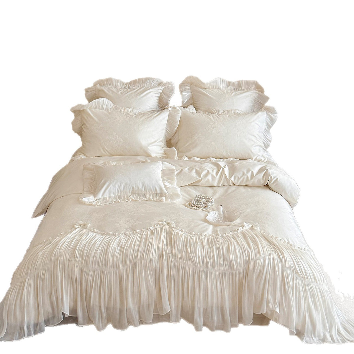 Luxe Falten Voile & Jacquard Rüschenduvet Ensemble mit Volant Euro Kissenbezügen