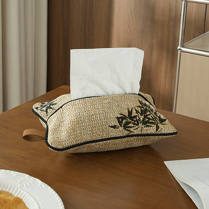 Gewebte Taschentuchbox-Hülle in Stroh-Optik mit besticktem Blumenmotiv Brehn