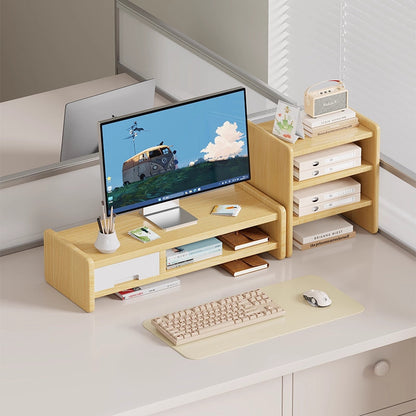 Massivholz-Monitorständer und Schreibtischorganizer mit zweistufigem Regal und Kabelmanagement