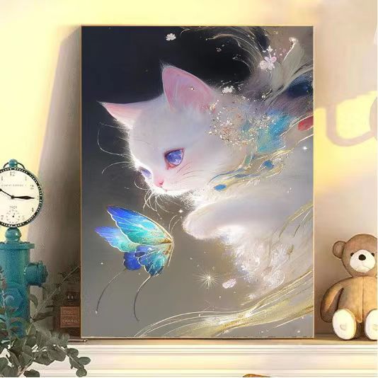 Verzaubernder Katzen- und Schmetterlings-Kunstdruck Brehn