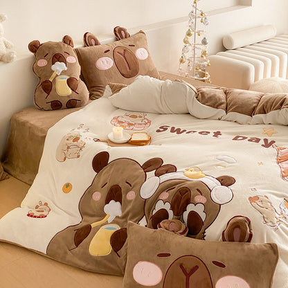 Flauschige Bettwäsche-Garnitur mit gesteppter Kuscheloberfläche, 3D-Teddy-Applikationen und wärmender Microfaserfüllung Brehn