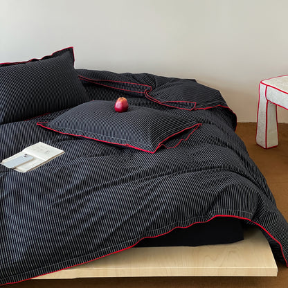 Streifen Baumwoll-Satin Bettbezug Set mit kontrastierendem Paspelrand