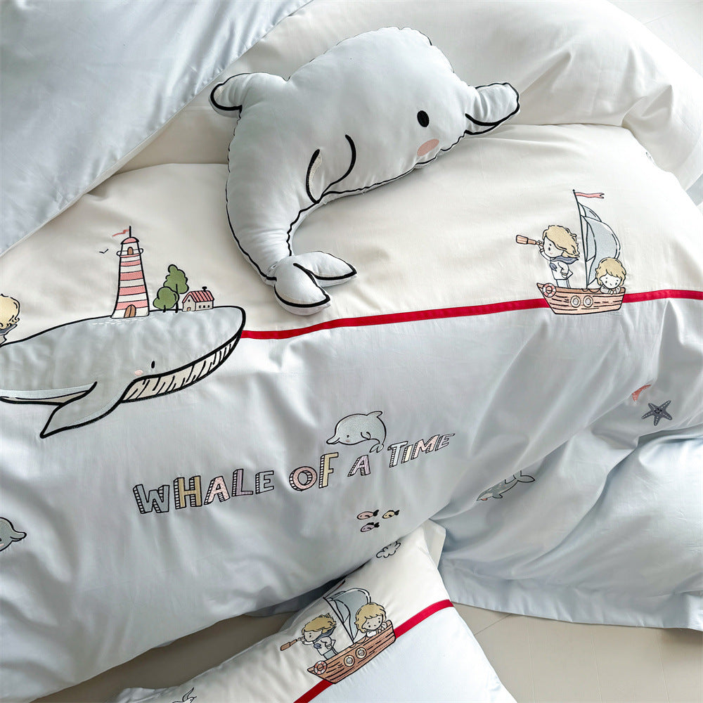 Kinder Baumwollsatin Wal-Illustration Bettwäsche Set mit Kissenbezügen und plüschigem Akzentkissen