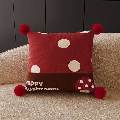 Decorative Square Throw Pillow Cover with Pom-Pom Corners and Cartoon Dog Illustration