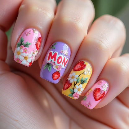 Kunstnagelset mit floralen und fruchtigen Designs Brehn